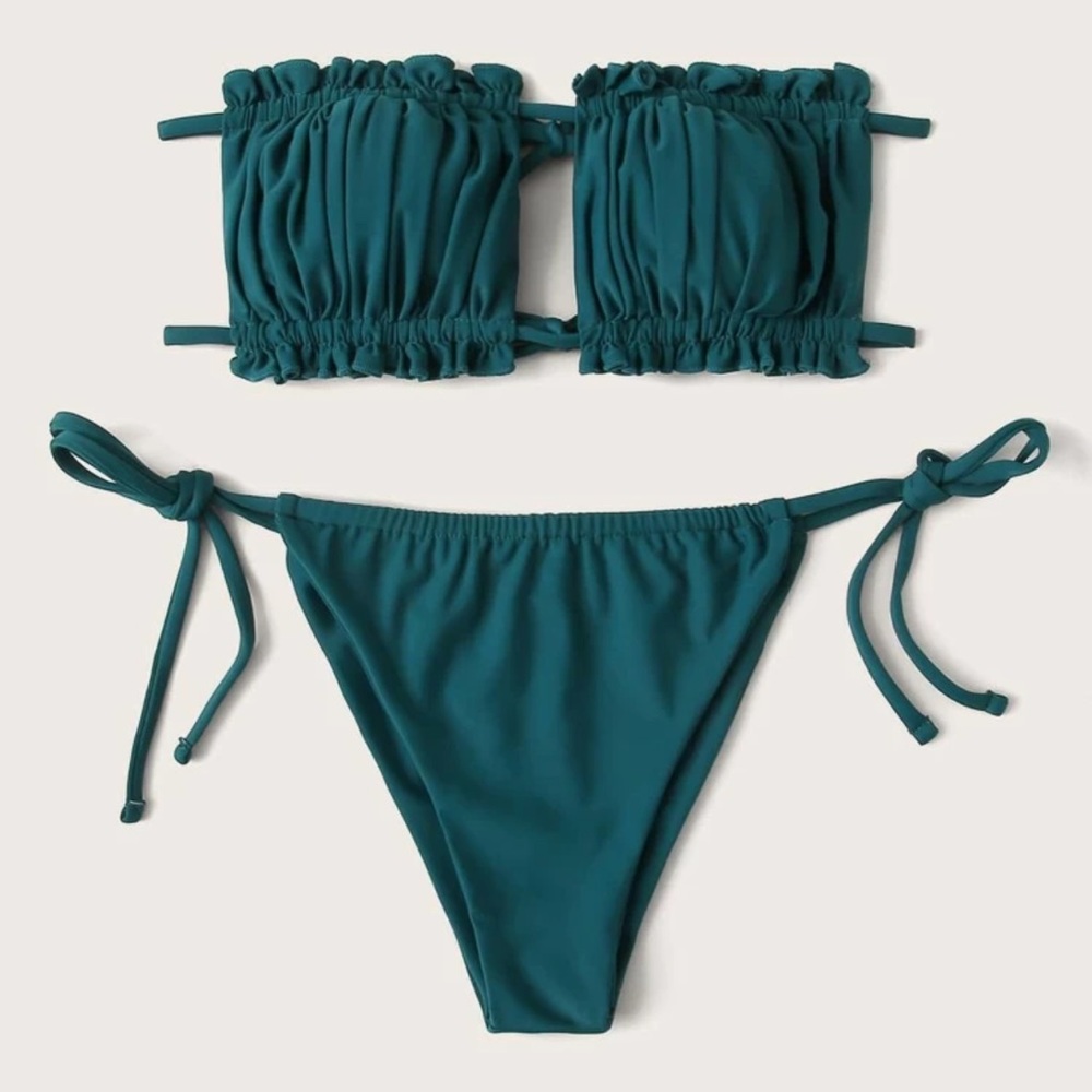 Dark green Bandeau Strapless Cinch String Bikini - Picture 1 of 7